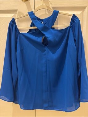 INC International Concepts Cobalt Blue Cold-Shoulder Blouse with Cross-Back